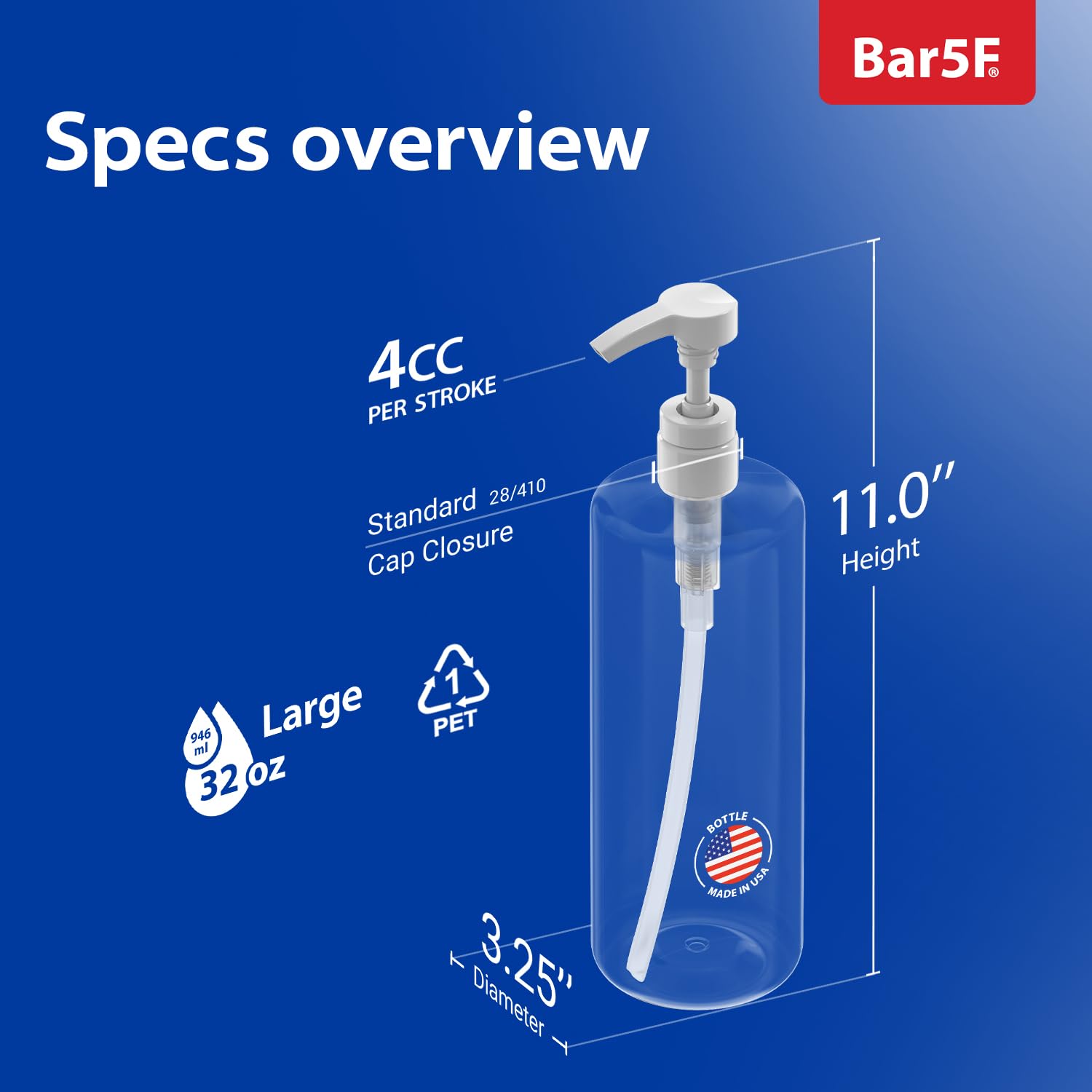 Bar5F Pump Bottle 32-Ounce 1-Liter Empty for Shampoo Conditioner Body Wash Lotion BPA-Free Crystal-Clear (Pack of 1)