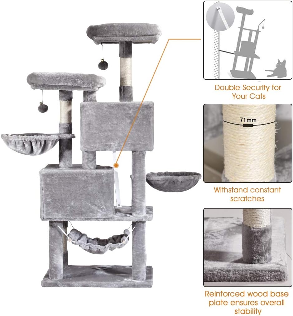Multi-Level Cat Tree, MQ Cat Tower 57'' with Sisal-Covered Scratching Posts Cat Activity Center Play Furniture, Dual Plush Perch, Dual Cat House Condo & Basket, Removable Hammock for Kittens Large Cat : Pet Supplies