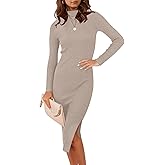 ANRABESS Womens Long Sleeve Mock Neck Slim Fit Ribbed Bodycon Knit Slit Cocktail Sweater Midi Dress 2025 Trendy Fall Outfits