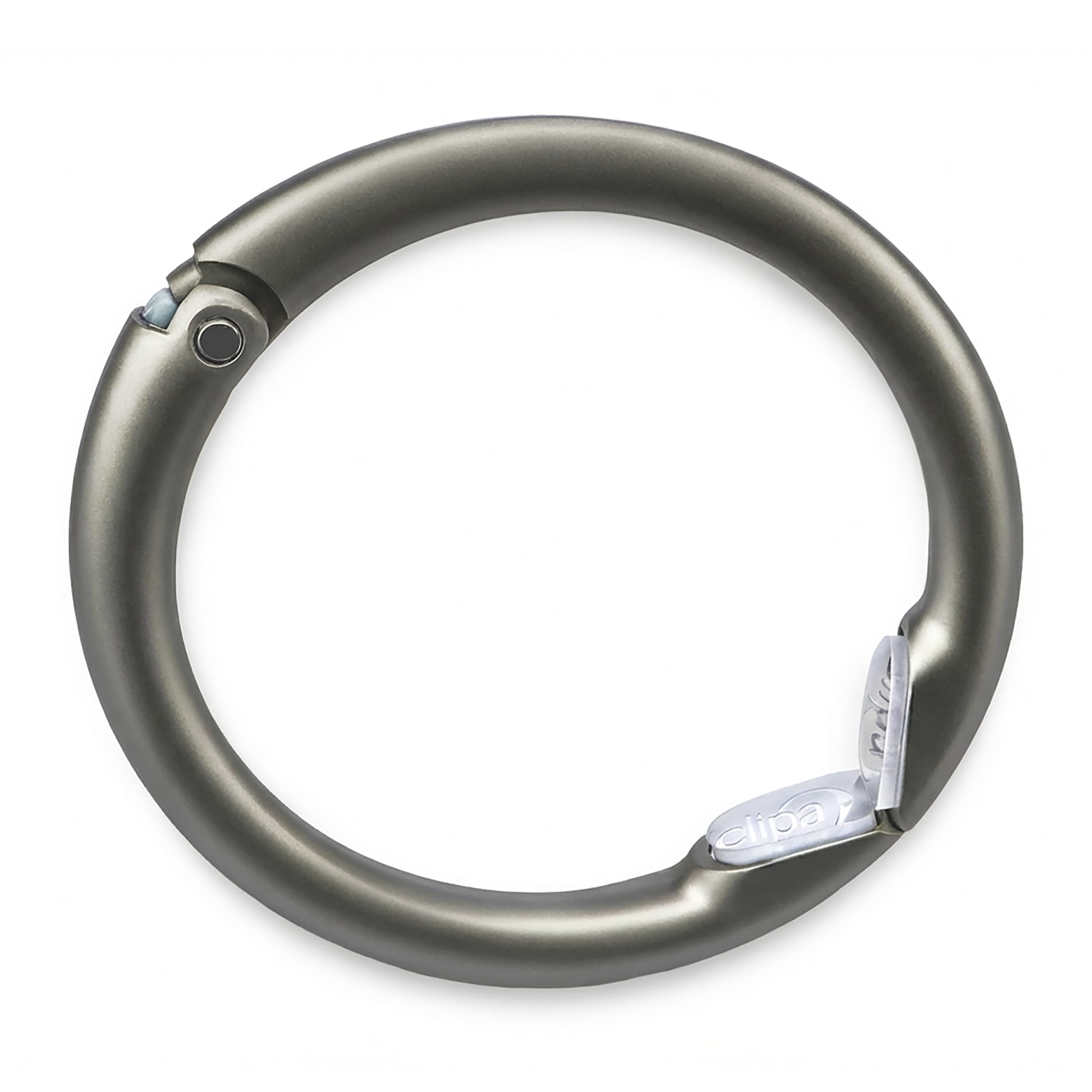 Clipa Purse Hanger โ Matte Hematite PVD - The Ring that Opens into a Hook and Hangs in Just 10 mm of Space, Holds 15 kg, 3 yr. Warranty