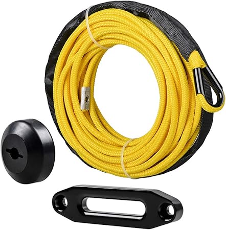 Amazon 1 4インチ X 50フィート イエロー合成ウインチケーブルロープ 7000ポンドロックガードシース ブラックアルミホースフェアリード ゴムストッパーラインセーバー カーパーツ 車 バイク