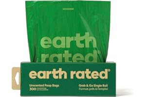 Earth Rated (A Canadian Company), Dog Poop Bags, Thick Grab and Go Single Roll, Ideal for Backyard Pickups, Unscented, 300 Ba