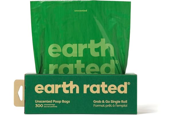 Earth Rated (A Canadian Company), Dog Poop Bags, Thick Grab and Go Single Roll, Ideal for Backyard Pickups, Unscented, 300 Ba