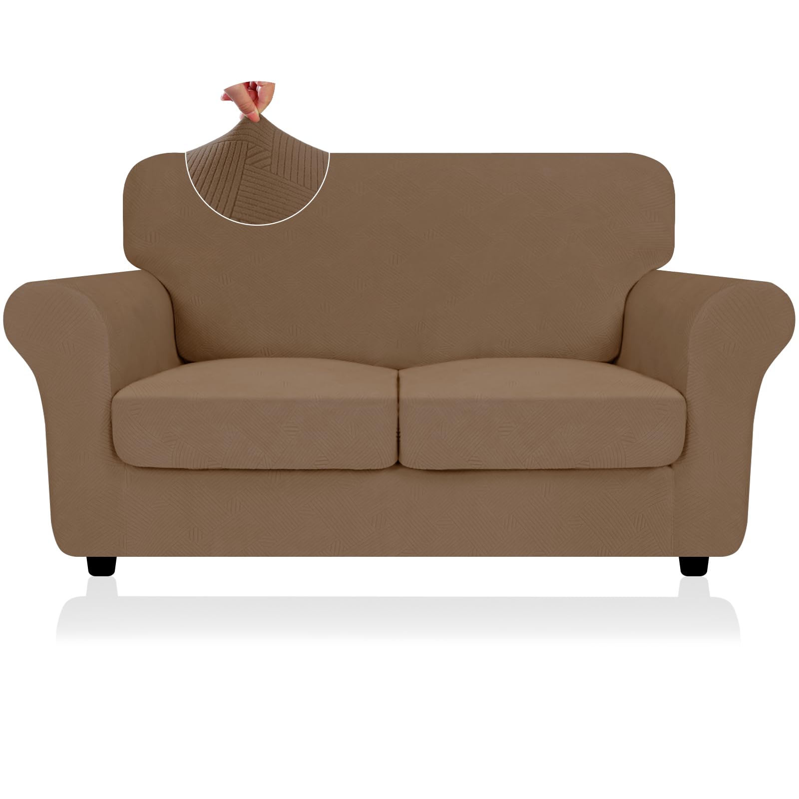 Photo 1 of 2025 Striped Loveseat Cover 3 Piece, Stretch Sofa Covers for 2 Cushion Couch, Anti-Slip Love Seat Slipcovers with Bottom Ties, Thick Durable Washable, Soft Cozy Protector (55"-69", Light Coffee)