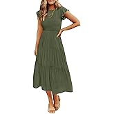 ZESICA Women's 2026 Summer Casual Flutter Short Sleeve Crew Neck Smocked Elastic Waist Tiered Midi Dress