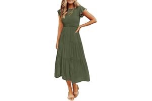 ZESICA Women's 2025 Summer Casual Flutter Short Sleeve Crew Neck Smocked Elastic Waist Tiered Midi Dress