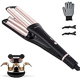 4 in 1 Crimper Hair Tool - Hair Waver with Adjustable Depths for 4 Wavy Styles, Beach Waves Curling Iron with 3 Ceramic Barrels, 4 Temperatures, Dual Voltage, Glove & Clips, for Women (Gold)