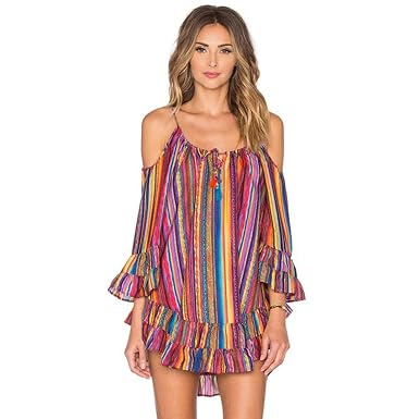 Robe De Plage Femme été Gongzhumm Sexy Femme Robe De Plage Mousseline De Soie Frangée Imprimé Arc En Ciel Robe De Sangle Lâche S 3xl