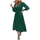 ZESICA Women's Casual Long Sleeve Crew Neck High Waist Smocked Flowy Tiered Midi Dress