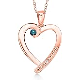Gem Stone King 18K Rose Gold Plated Silver Blue Diamond and White Topaz Heart Pendant Necklace for Women | 0.17 Cttw | Gemstone April Birthstone | Round 3.5MM | With 18 Inch Chain