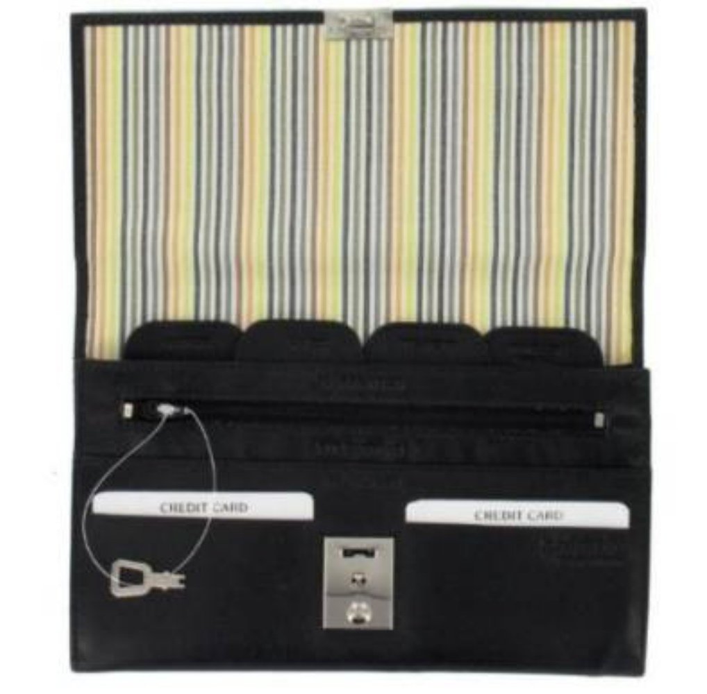 Travel Document Wallet - Soft Leather - Lockable (Black - stripe lining), 22x14.5x2cm