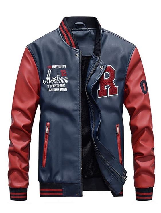 ROBO Baseball Jacke Herren PU Leder Sportjacke mit SAMT Stehkragen Bomber College Classic Übegangsjacke