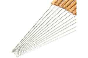 HAKSEN 12 PCS Skewers for Grilling, Kabob Skewers with Wood Handle, Reusable BBQ Barbecue Sticks for Marshmallow, Hot Dog, Meat, Vegetable, Camping Cookware Grill Cooking, 11.7" (Including Handle)