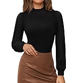 MANGOPOP Mock Neck Puff Sleeve Bodysuit Turtleneck Loose Lantern Long Sleeve Body Suit for Women for Going Out