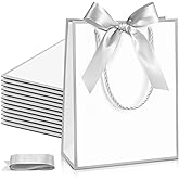 Silkfly Paper Gift Bags with Handle 9x7x3.15'' Thank You Gift Bags with Bow Ribbon for Graduation Appreciation Holiday Wedding Bridal Baby Shower Birthday Party Supplies(White,Silver,12 Pcs)