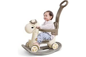 LLPARTY 4 in 1 Rocking Horse for Toddlers 1-3 Years Old, Baby Rocking Toy Fun Birthday Gift for 1+ Kids, Ride on Toy with Guard Rails, Detachable Balance Board and Footrest，Balance Bike with Push Handle