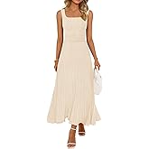 MEROKEETY Women's Summer Casual Midi Dress 2026 Square Neck Sleeveless Pleated A Line Business Work Vacation Cocktail Dresses