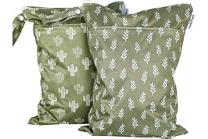 MOMIGO 2 pcs/set Wet Dry Bags for Baby Cloth Diapers - Reusable, Washable for Stroller, Diapers, Toiletries, Travel Bags, Beach, Pool, Gym Bag with Two Zippered Pockets 11.8 * 15.7 inch (Green&Cactus)