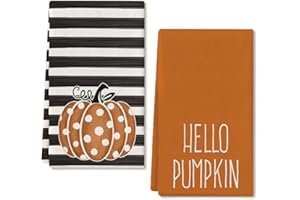 ARKENY Hello Pumpkin Fall Kitchen Towels Set of 2,Orange Polka dot Stripes Autumn Dish Towels 18x26 Inch,Farmhouse Home Indoor Thanksgiving Harvest Seasonal Vintage Decorations AD006