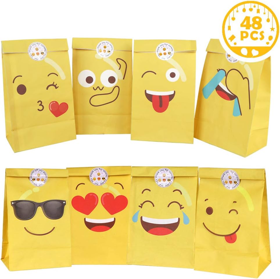 OurWarm 48 Pcs Mixed Emoji Gift Bags Party Favor Bags for Kids Birthday, Emoji Party Supplies, 8 Styles Party Bags