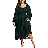 SCOMCHIC Womens Plus Size Maxi Dress Long Sleeve Square Neck Smocked Wedding Guest Flowy A-Line Hollow Out Long Dresses