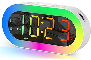 TE-RICH Alarm Clocks for Bedrooms for Kids Boys Girls Teens Seniors, Colorful Night Light Alarm Clock with USB Ports, 0-100% Dimmer, Sound Machine, Customize Alarm, Desk Small Digital Clock, Game Room Decor
