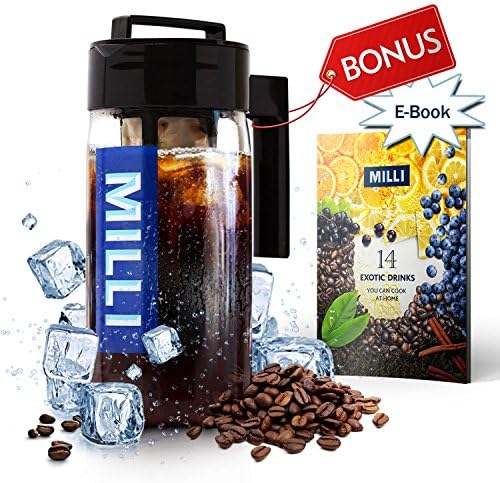 Cold Brew Iced Coffee &amp; Tea Maker by Milli, Premium Glass Pitcher 1.3L, Carafe W, Detachable Infuser Rod, Capacity, BPA-Free, Enjoy Delicious Infused Coffee, Tea, Water, Sangria, Juice &amp; More