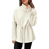 Fisoew Women's Turtleneck Sweatshirts Fleece Drawstring Waist Casual Long Sleeve Pullover Sweater Side Slit Tunic Tops