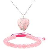 LPBeads Natural Rose Quartz Healing Tree of Life Heart Pendant Necklace with Adjustable Gemstone Bracelet Set for Women
