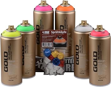 Sprühdosen Montana Gold fluoreszierende Neon Farben 6x400ml inkl. Sprühköpfe verschieden Strichbreiten