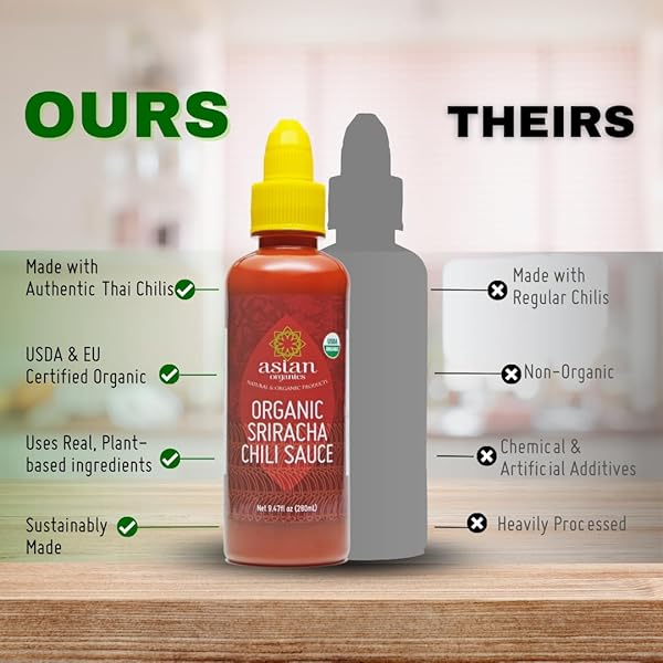 ASIAN ORGANICS SRIRACHA HOT CHILI SAUCE – THAI CHILI SAUCE, USDA ORGANIC, NON-GMO, GLUTEN-FREE, NO MSG – AUTHENTIC SIRACHA SAUCE, 9.47OZ/280ML BOTTLE