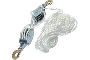 WHSSFINE Wheel Block and Tackle System 4000LB Breaking Strength 65 Feet 3/8" Rope Hoist Pulley 7:1 Ratio Lifting Power for Lifting Heavy Objects (4 Pulley-White)