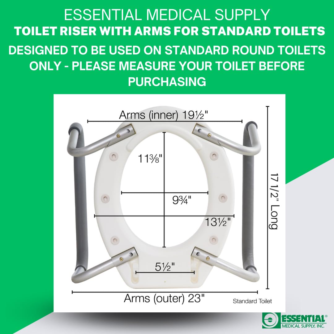 Essential Medical Supply Raised Elevated Toilet Seat Riser for a Standard Round Toilet with Padded Aluminum Arms for Support and Compatible with Existing Seat, Standard, 17.5 x 13.5 x 3.5 Inch