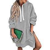 SHEWIN Women's Oversized Casual Pullover Long Sleeve Split Hem Drawstring Hoodies Dress With Kangaroo Pocket