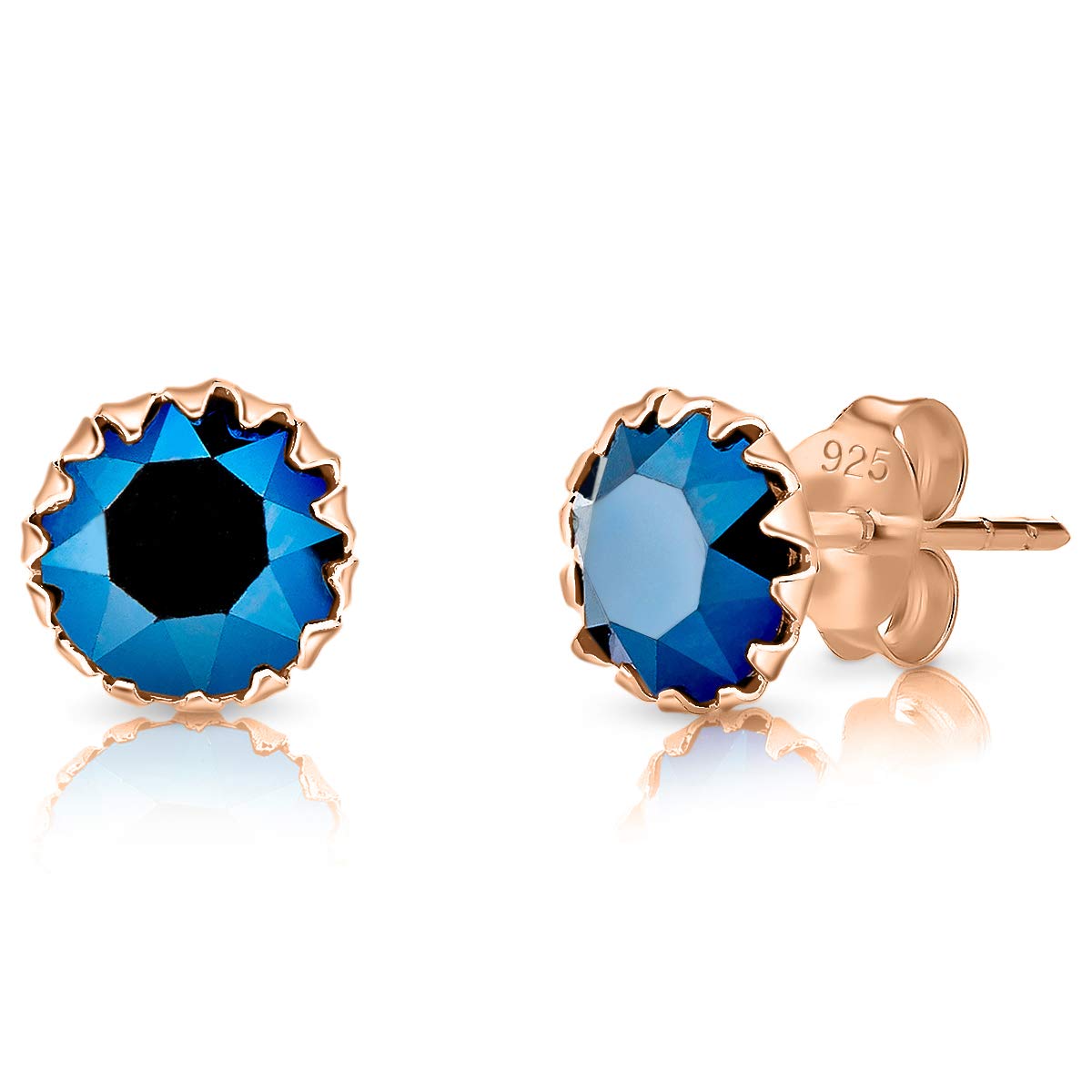 DTPSilver - 925 Sterling Silver Rose Gold Plated Round Stud Earrings made with Glittering Crystals from Swarovski® Elements - Diameter: 6 mm - Colour : Metalic Blue