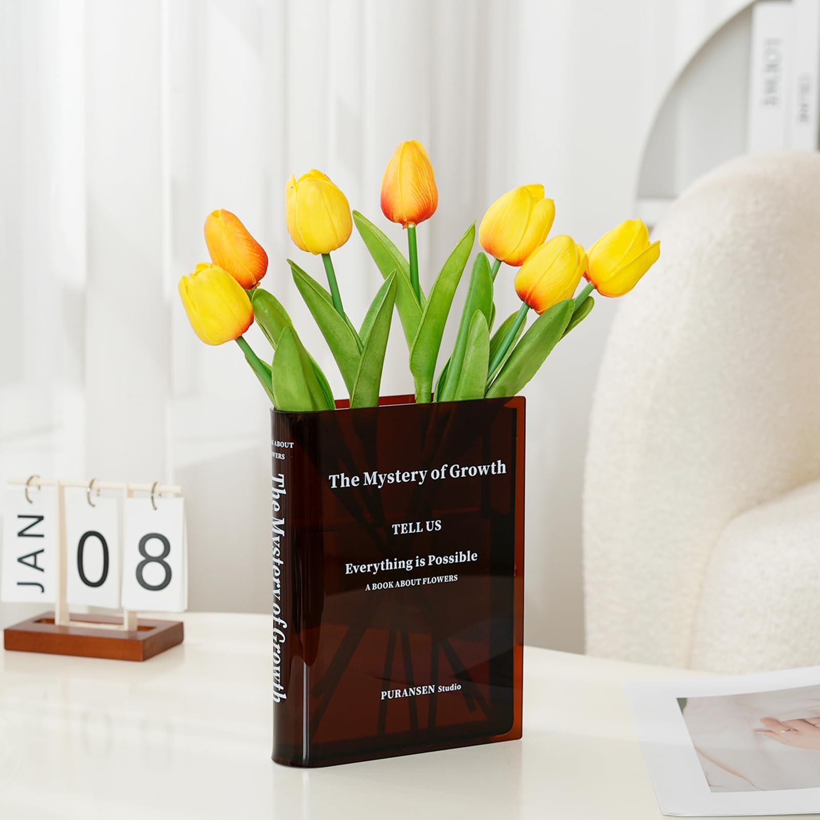 Puransen Acrylic Flower Vase for Aesthetic Room Decor - Books Style for Modern Table Shelf Home Decor Fit for Office Desk Bedroom Living Room Centerpieces (Transparent Brown)