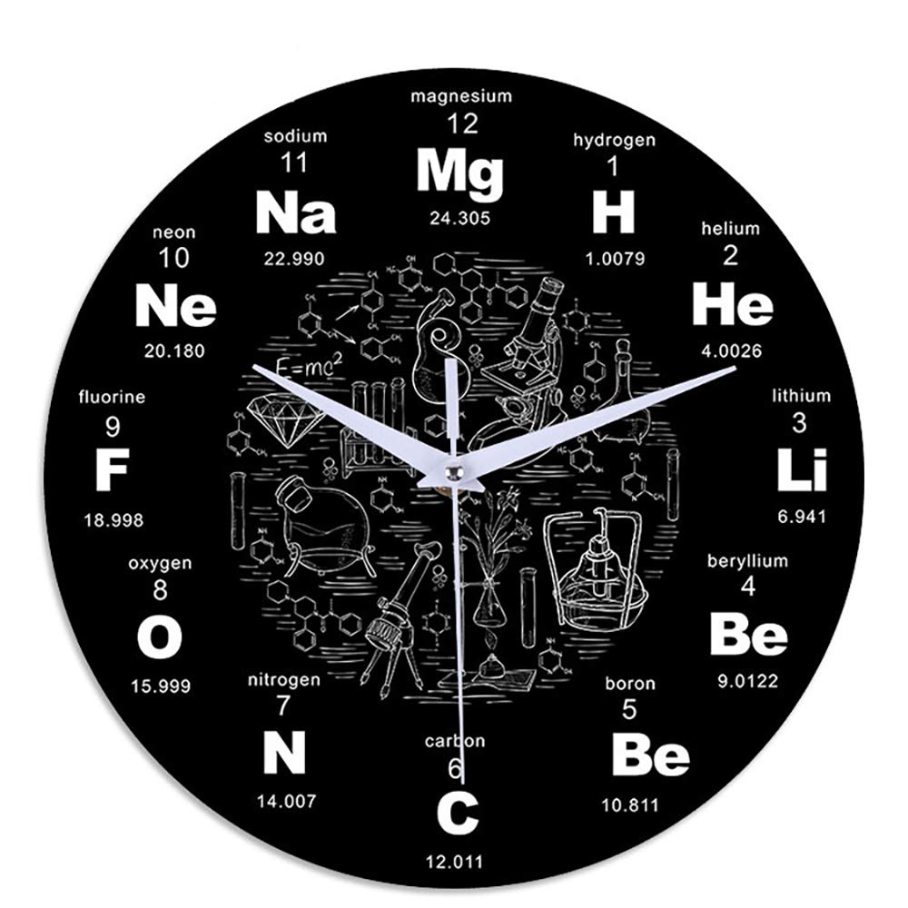ONEVER Modern Wall Clock with Chemistry Science Periodic Table Rounded Acrylic Mute Wall Clock 12 Inch Black
