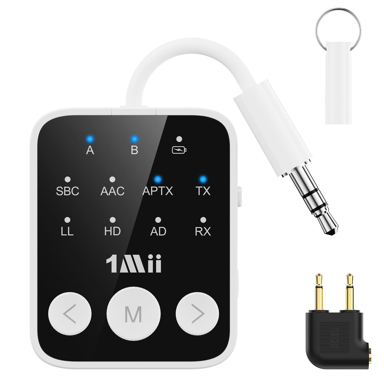 Photo 1 of 1Mii Bluetooth 5.3 Transmitter Receiver 2-in-1, aptX Adaptive & Low Latency Wireless Audio Adapter for Airplane, Dual Link 2 Devices, 25H Playtime, 3.5mm AUX for TV/Car/Home Stereo/Gym -White