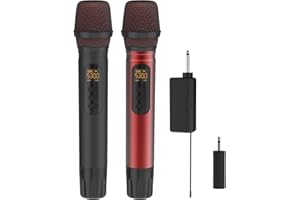 ROUWU Wireless Microphones, UHF Metal Dual Handheld Cordless Dynamic Mic System with Rechargeable Receiver,1/4 "Output with 1/8" Output,for Karaoke Singing, Wedding, DJ, Party, Speech, Church,240ft