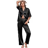Ekouaer Silk Satin Pajamas Set Women Short Sleeve Pj Sets Button Down Sleepwear 2 Piece Soft Loungewear S-XXL