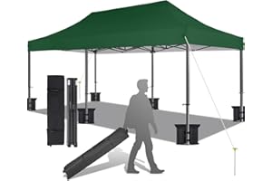 Eesdom 10x20 Canopy Tent with Roller Bag, Commercial Pop Up Canopy Tent, Adjustable Height with Pull Ring, Outdoor Canopy for Beach, Parties, UPF50+, 6 Stakes & 6 Sandbags & 6 Ropes, Forest Green