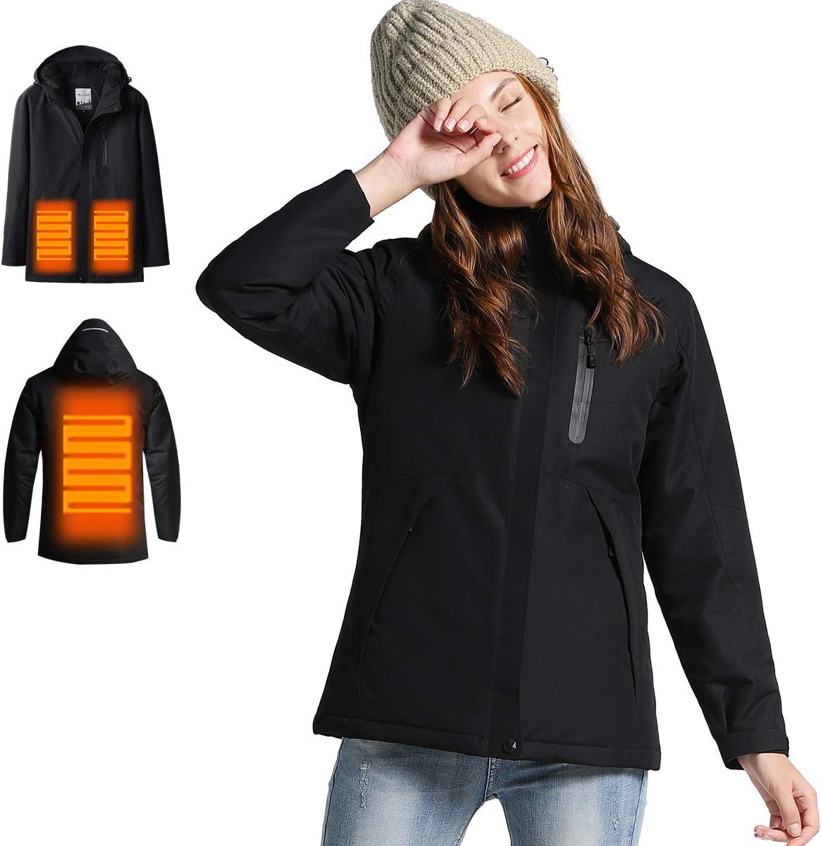 Women's Heated Jacket with Attached Hood, Heated Coat Waterproof and Windproof(ADD Battery Pack to CART) Black