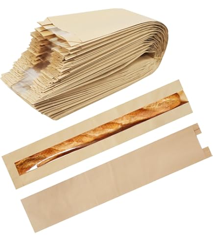 French Bread Bags 50 Pack - Kraft Paper Bakery Bags With Window For Baguettes & Loaves