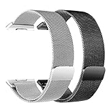 bayite For Fitbit Ionic Bands, Stainless Steel Milanese Loop Metal Replacement Strap with Unique Magnet Lock Accessories for Fitbit Ionic Small Silver + Black
