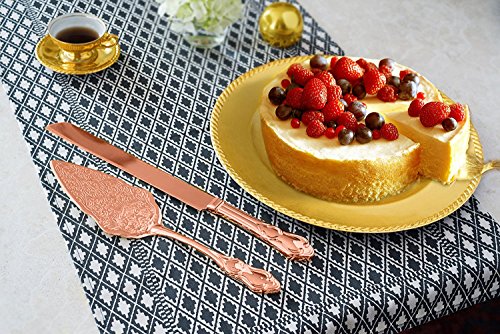 Strova Rose Gold Wedding Cake Knife and Server Set | Vintage Bride and Groom Utensils | Elegant, Memorable Keepsakes | Engravable Plating | Party, Anniversary or Receptions (Rose Gold Plated)