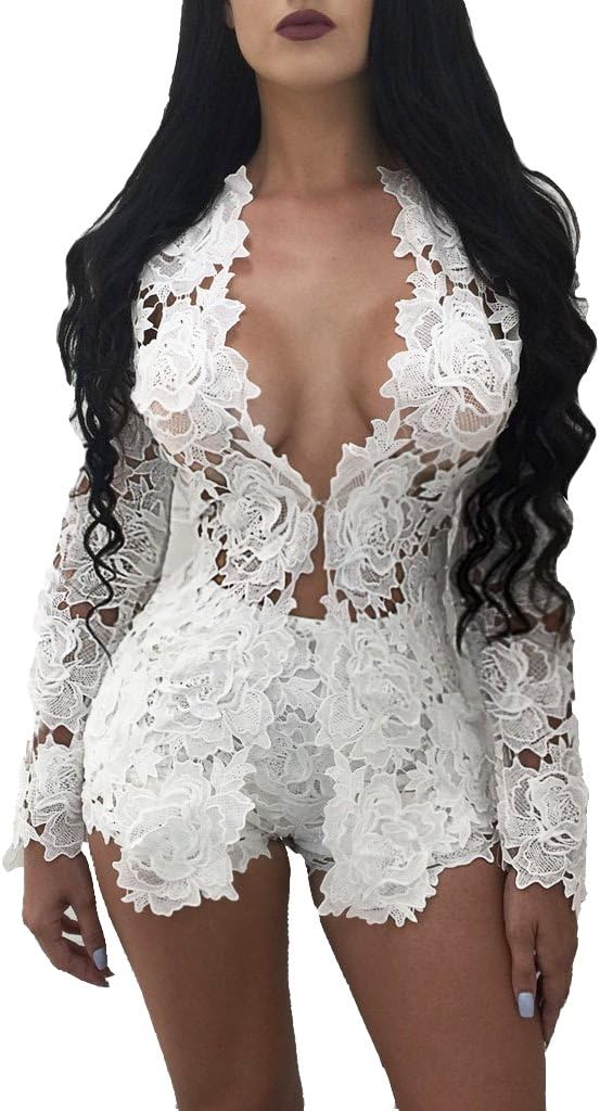 Gobought Women's Long Sleeve White Lace Romper Sets Jumpsuit Two Piece Plus Size
