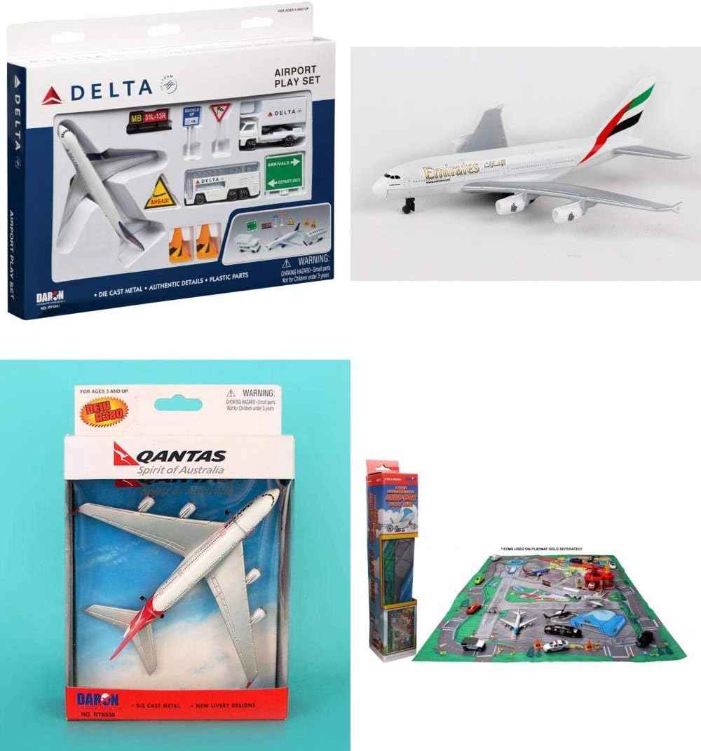 Toy Airplane Playset - Airport Playmat with Three 5.5" Diecast Model Planes & Accessories - Delta, Emirates, Qantas Airlines