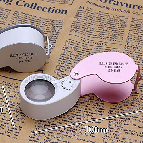 Hisoul Hot Multifunctional Mini LED Magnifier, 40X Folding Pocket Magnifier with 2 White LED Light Round Swing-Away Chrome Magnifier Perfect for Watch Stamps Jeweler Diamond (Pink)