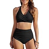 UMIPUBO Bikini Sets for Women High Waisted Two Piece Swimsuit Ruched Tummy Control Bathing Suit V Neck Tie Back Swimwear