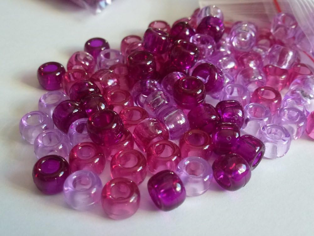 100 x Pony Beads 9mm x 6mm PURPLE/PINK TRANSPARENT MIX Bracelets Braiding Loom Bands Dummy Clips Hair Colour Acrylic Plastic Barrel Round Jewellery Findings